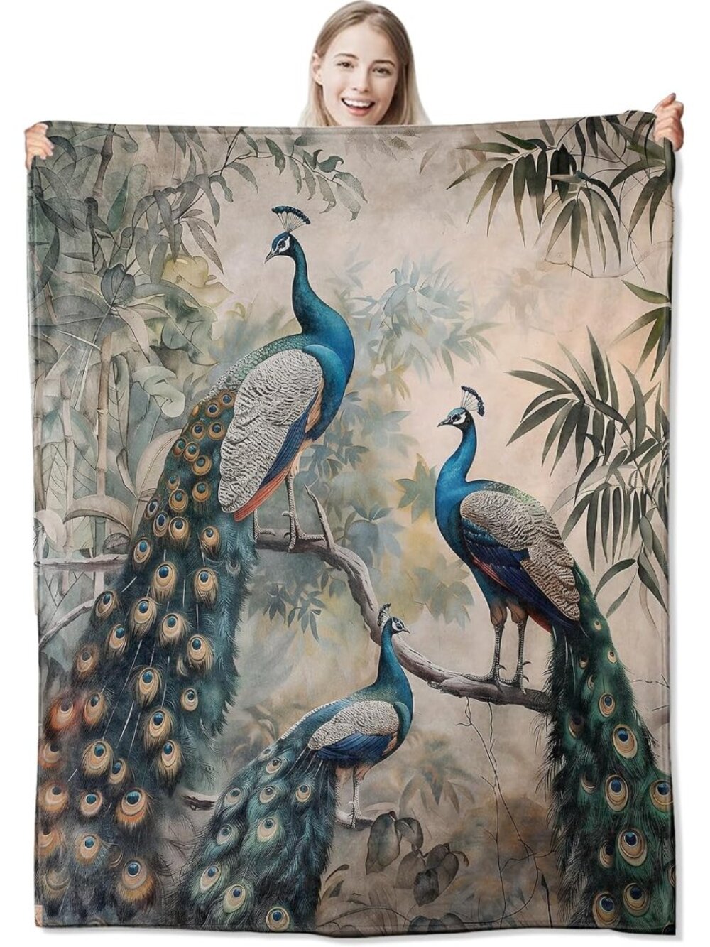 Vintage Peacock Flannel Throw Blanket 50x60 Inch, Elegant Animal Perched on Bota